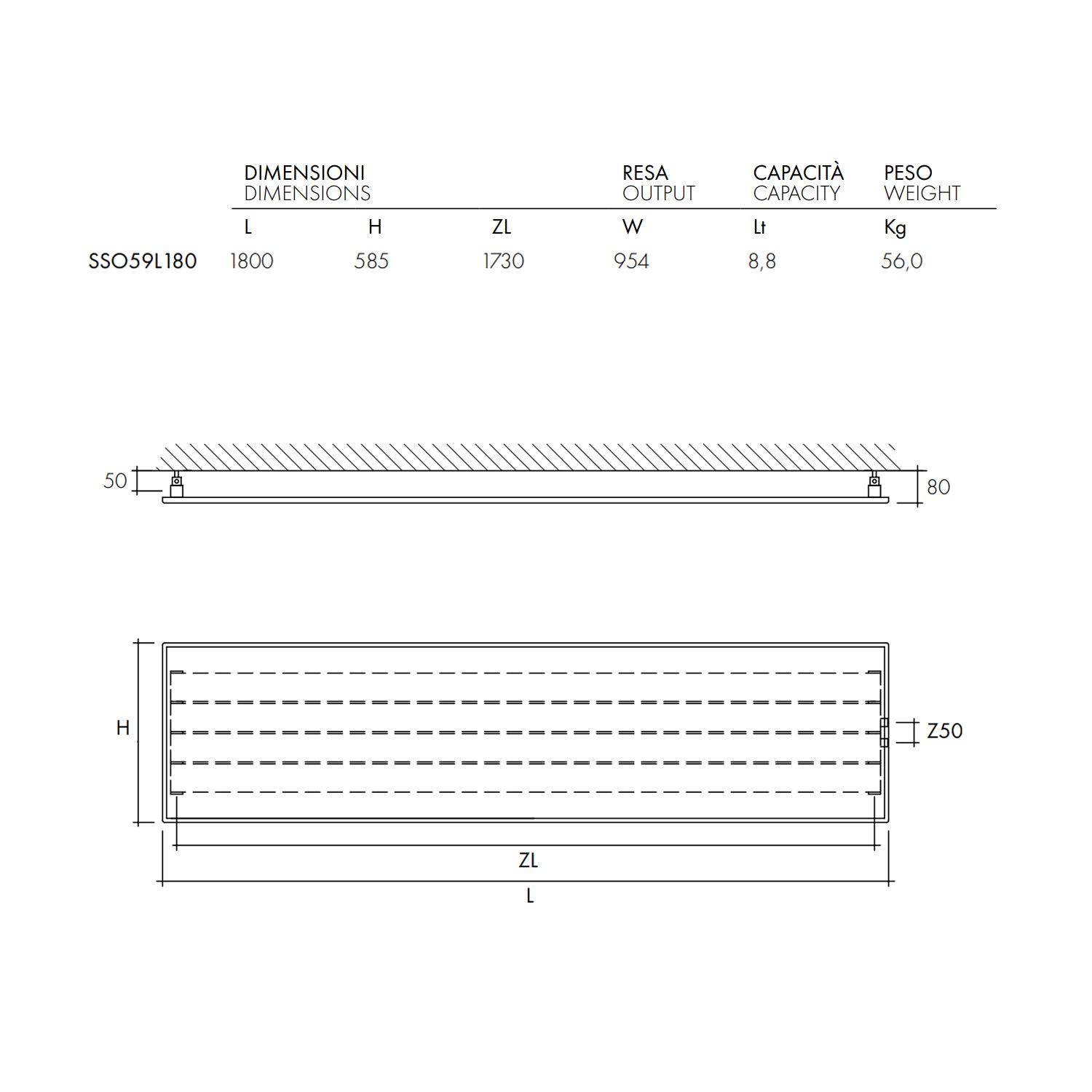 Termoarredo idraulico a piastra orizzontale 585x1800 mm interasse 50 mm modello TermoCrea Bianco