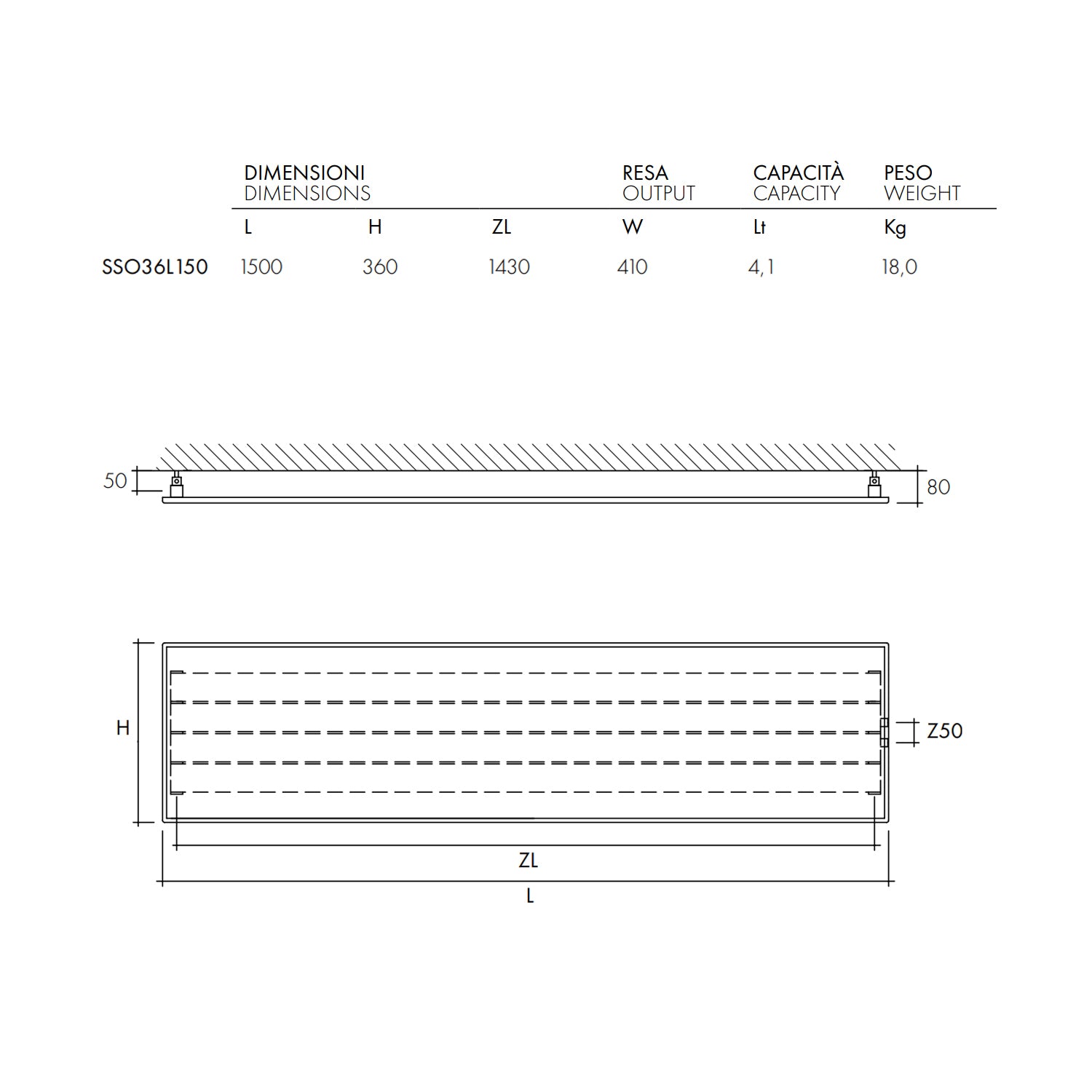 Termoarredo idraulico a piastra orizzontale 360x1500 mm interasse 50 mm modello TermoCrea Bianco