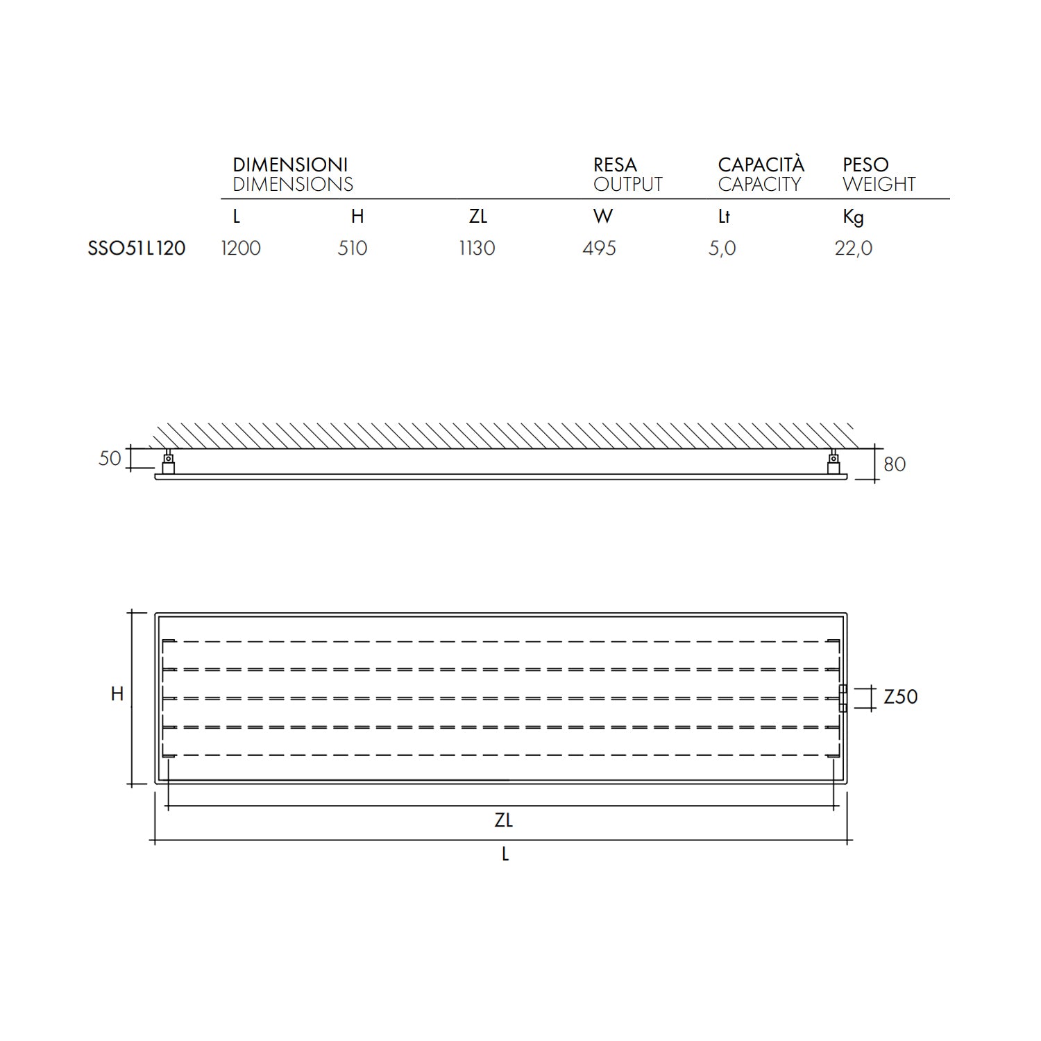 Termoarredo design linea TermoCrea Modello 'New York' cm 51x120 a piastra orizzontale interasse mm 50