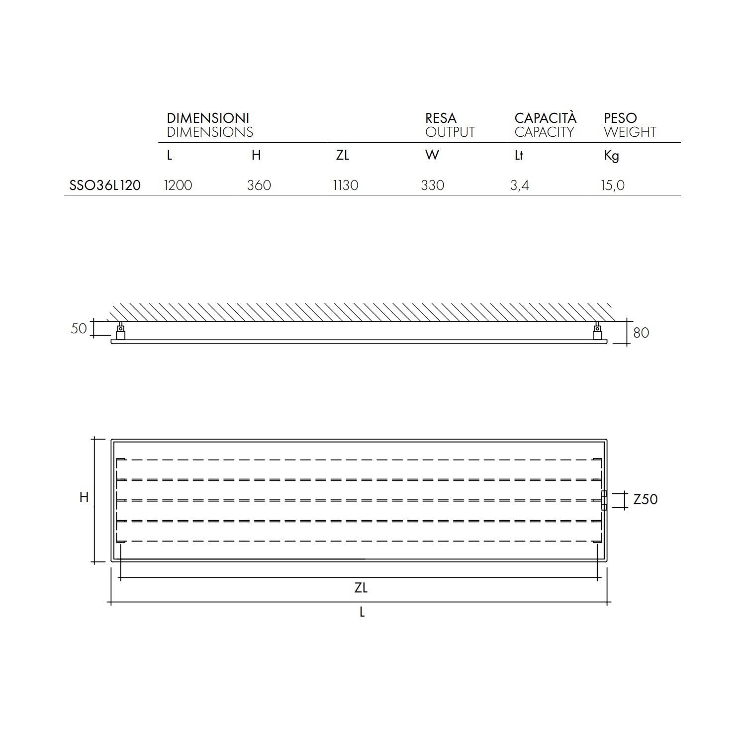 Termoarredo design linea TermoCrea Modello 'New York' cm 36x120 a piastra orizzontale interasse mm 50