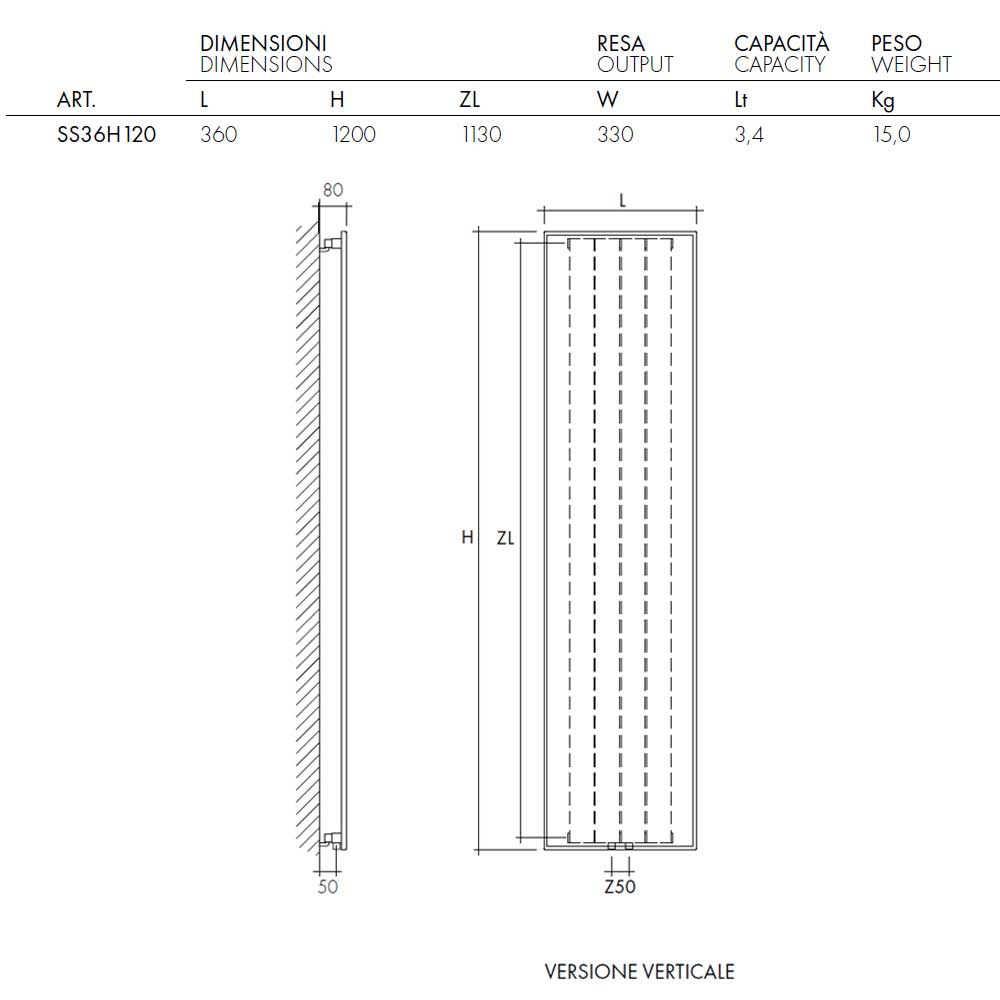 Termoarredo idraulico a piastra verticale modello TermoCrea Bianco 1200x360 mm interasse 50 mm By Scirocco