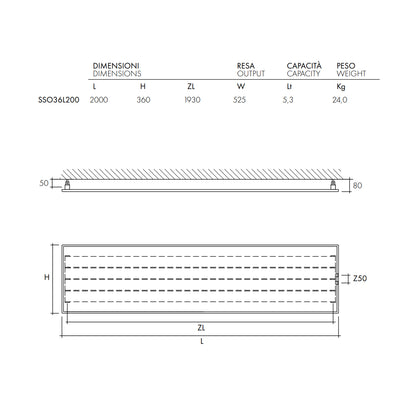 Termoarredo design linea TermoCrea Modello 'New York' cm 36x200 a piastra orizzontale interasse mm 50