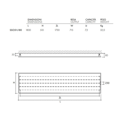 Termoarredo design linea TermoCrea Modello 'New York' cm 51x180 a piastra orizzontale interasse mm 50