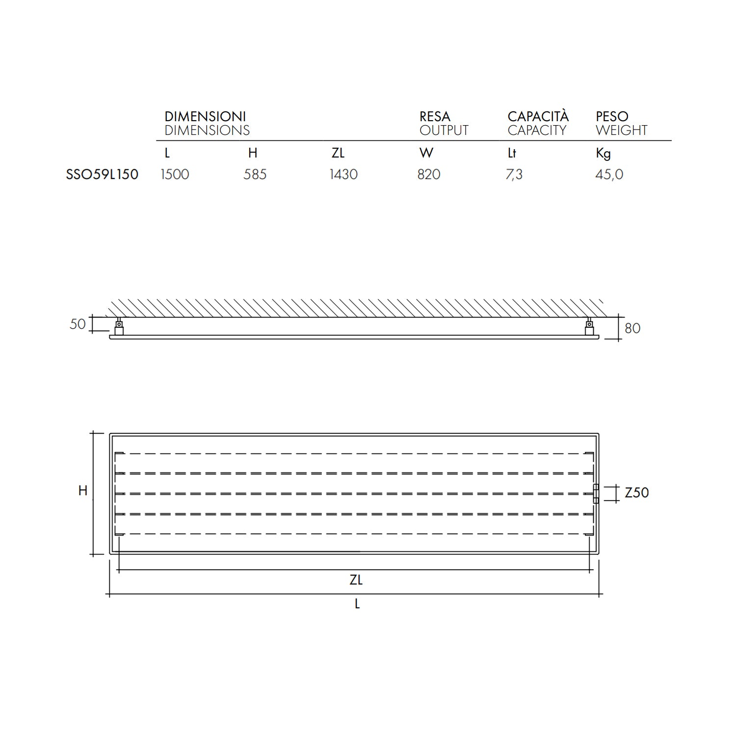 Termoarredo design linea TermoCrea Modello 'New York' cm 59x150 a piastra orizzontale interasse mm 50