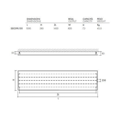 Termoarredo design linea TermoCrea Modello 'New York' cm 59x150 a piastra orizzontale interasse mm 50
